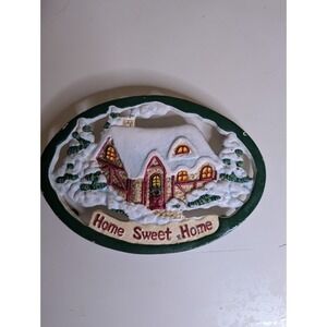 Vintage Cast iron painted HOME SWEET HOME snow Christmas kitchen pot pan trivet